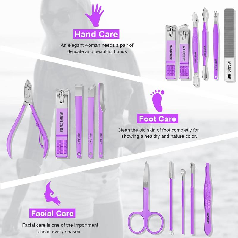 Manicure Set Professional Nail Clippers Pedicure Kit, 16 pcs Stainless Steel Nail Care Tools Grooming Kit with Luxurious Travel Leather Case for Thick Nails Men Women  summer Gift (Violet)