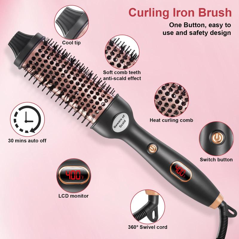 3 in 1 round Hair Brush with 2 Hair Clips, 1 Set Quick Heating Curling Iron Brush with LCD Temperature Display, Multi-use Hair Styling Tool