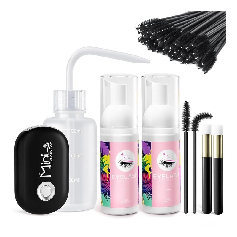 Lash Shampoo Cleaning Kit - 2 PCS 60ML Eyelash Shampoo with USB Lash Fan Mascara Brushes Rinse Bottle, Foam Lash Cleanser for Eyelash Extensions Lash Wash Gift for Women Girls (Black)