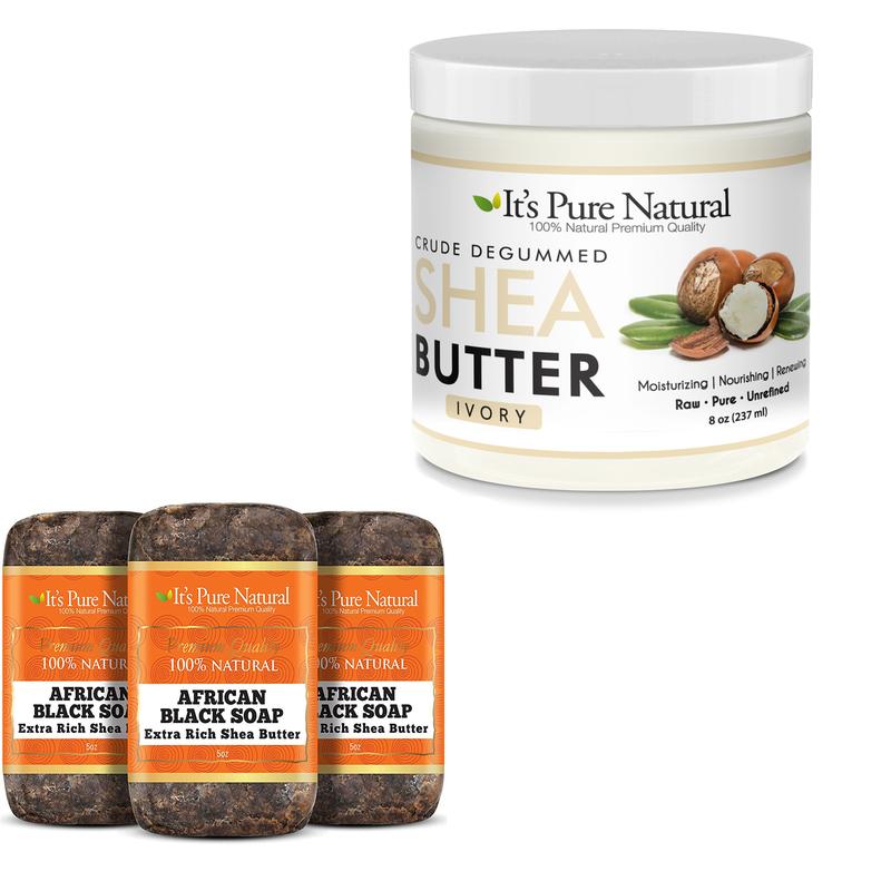 It's Pure Natural Crude Degummed African Ivory Shea Butter Body Moisturizer - 8 oz + African Black Soap Bars with Extra Rich Shea Butter (Pack of 3)