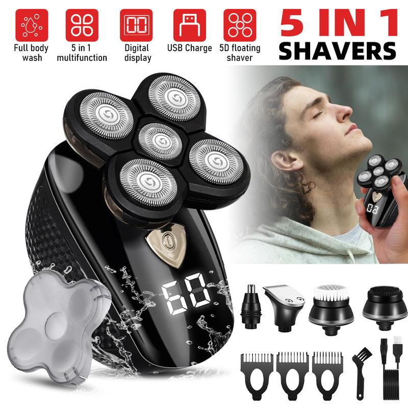 5 in1 Head Shavers for Bald Men, Rechargeable Bald Head Hair Beard Trimmer Razor Wet Dry, Detachable Cordless Shaver, 5D Electric Razor Waterproof for Bald Men, Wet Dry LED Display Rechargeable Rotary Shaver Grooming Kit, Mens Gift