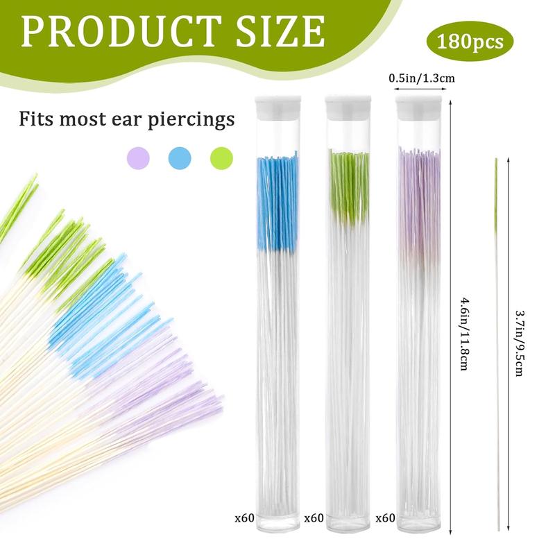 180 PCS Ear Hole Ear Care Kit Disposable Earrings Hole Cleaner Ear Piercing Care Cleaning Tool Ear Hole Cleaning Line Ear Piercing Cleaning Floss for Girls Women Men (Green, Purple, Blue)