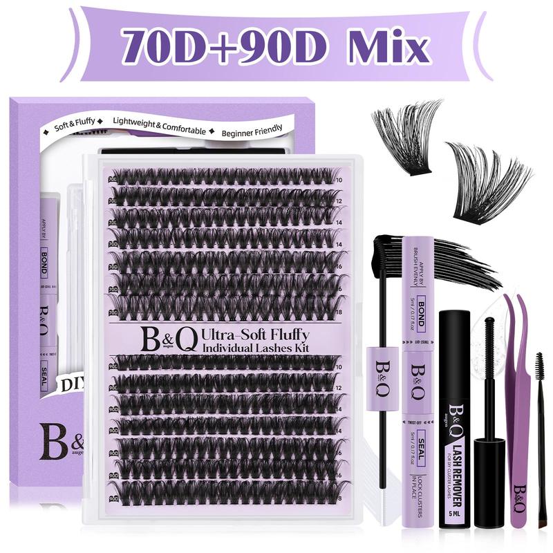 B&Q Lash Clusters Extension Kit, 70D+90D Individual Lashes, 280pcs Eyelash Clusters Kit, Supersoft D Curl Eyelash Clusters Extensions Kit, 10-18 Mixed Eyelash Extension, Wispy Volume Cluster Lashes Kit DIY at Home, Lash Extension Kit