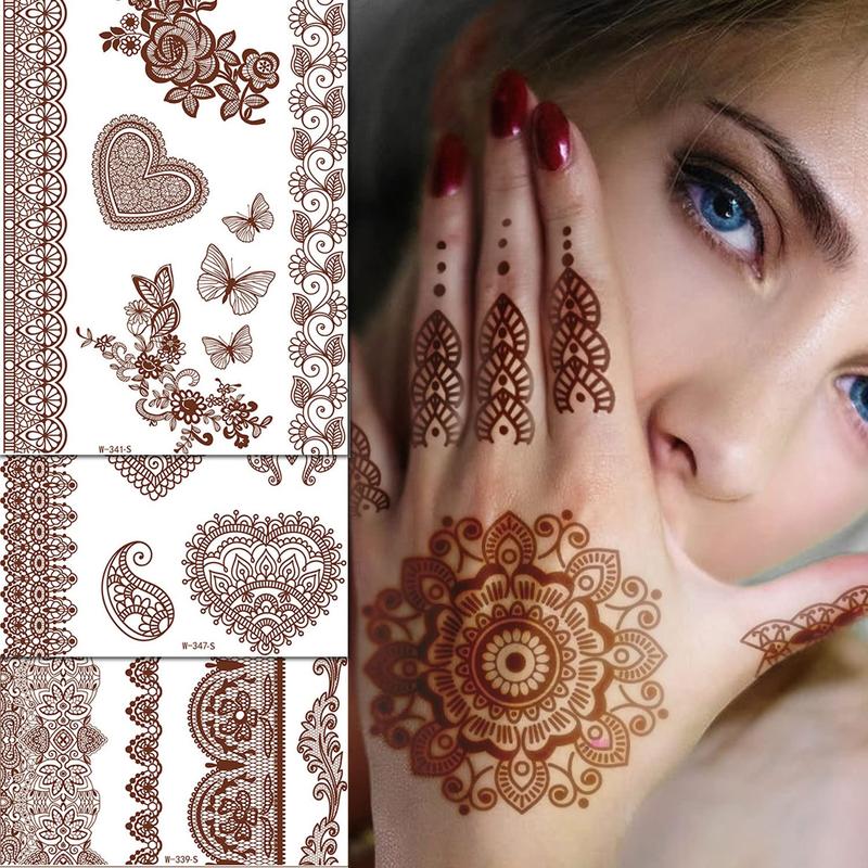 Henna Tattoos, Henna Temporary Tattoos Brown Waterproof Tattoo stickers for Women Wedding Party Festivals, & Parties Decoration Suppliers 6Sheets…