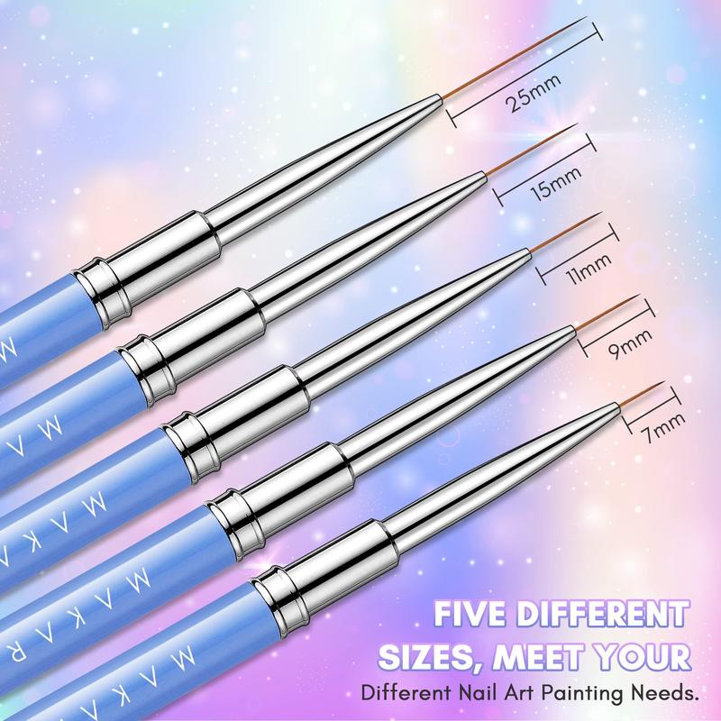 Makartt Nail Art Brushes,Liner for Nails, 5pcs, 7 9 11 15 25mm, Easy Hold, Thin Nail Art Design Brush Detail Brush for Gel Polish Nail Paintings Different Lines 3D Nail Pattern French Tips Nail Tool Durable Nail Care