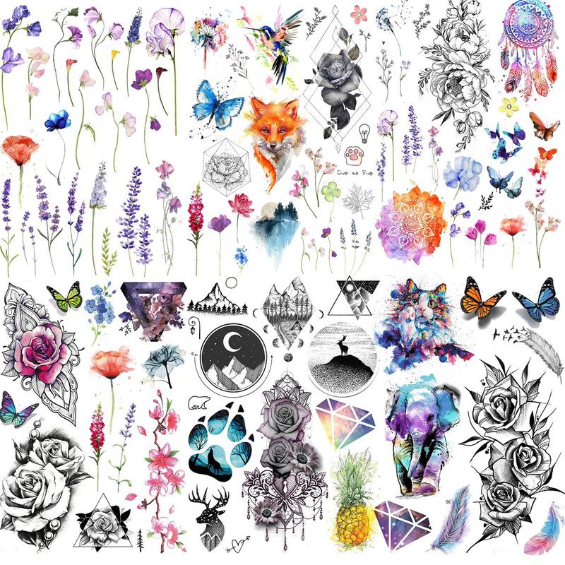 Boho Style Flower & Animal Pattern Long Lasting Temporary Tattoo, 6pcs set Waterproof Body Art Fake Tattoo Sticker, Realistic Beauty & Personal Care Tattoo for Women & Men