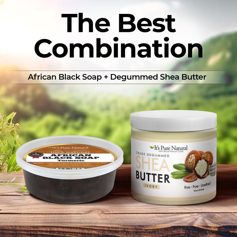 It's Pure Natural Crude Degummed African Ivory Shea Butter Body Moisturizer - 8 oz + African Black Soap Bars with Extra Rich Shea Butter (Pack of 3)