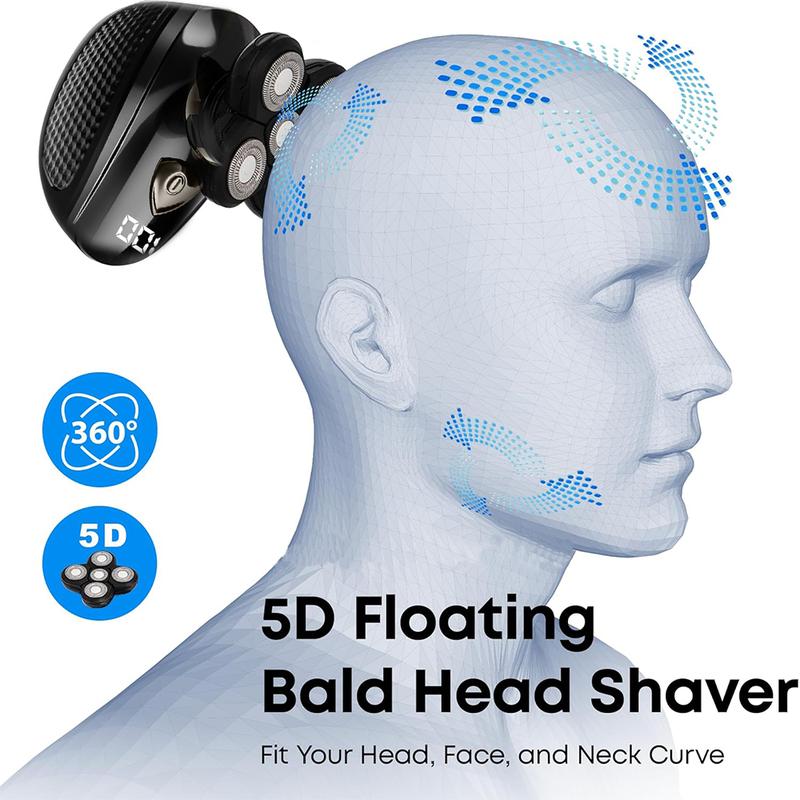 5 in1 Head Shavers for Bald Men, Rechargeable Bald Head Hair Beard Trimmer Razor Wet Dry, Detachable Cordless Shaver, 5D Electric Razor Waterproof for Bald Men, Wet Dry LED Display Rechargeable Rotary Shaver Grooming Kit, Mens Gift