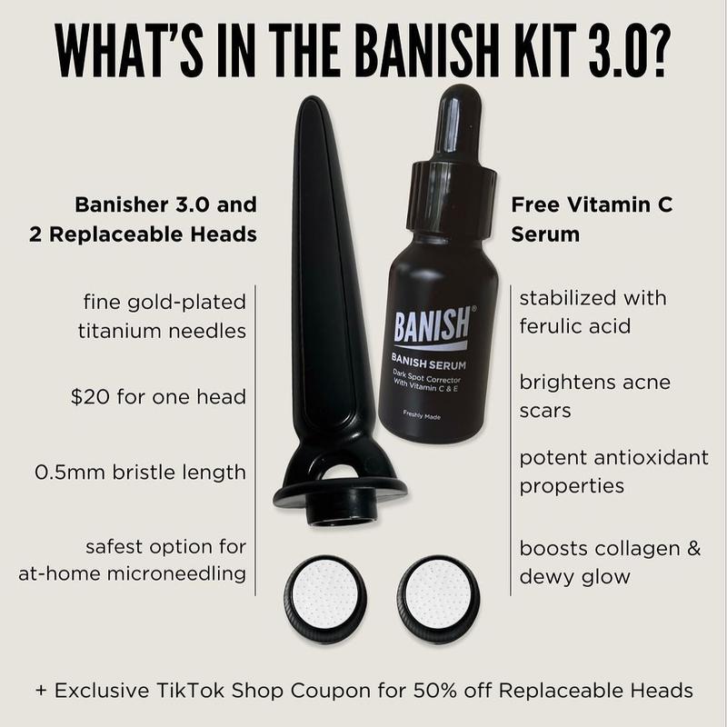 Banish Kit 3.0 - with Vitamin C, E, Ferulic acid Serum & 2 Replaceable Heads for Acne Scars,  Dark Spot, Collagen Building, Fine Lines