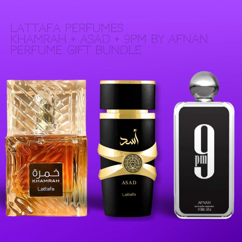 Lattafa Perfumes Khamrah + Asad + 9PM by Afnan 100ml (3.4 Fl oz) Long Lasting Perfume - Value Bundle - Fragrance Gift Bundle