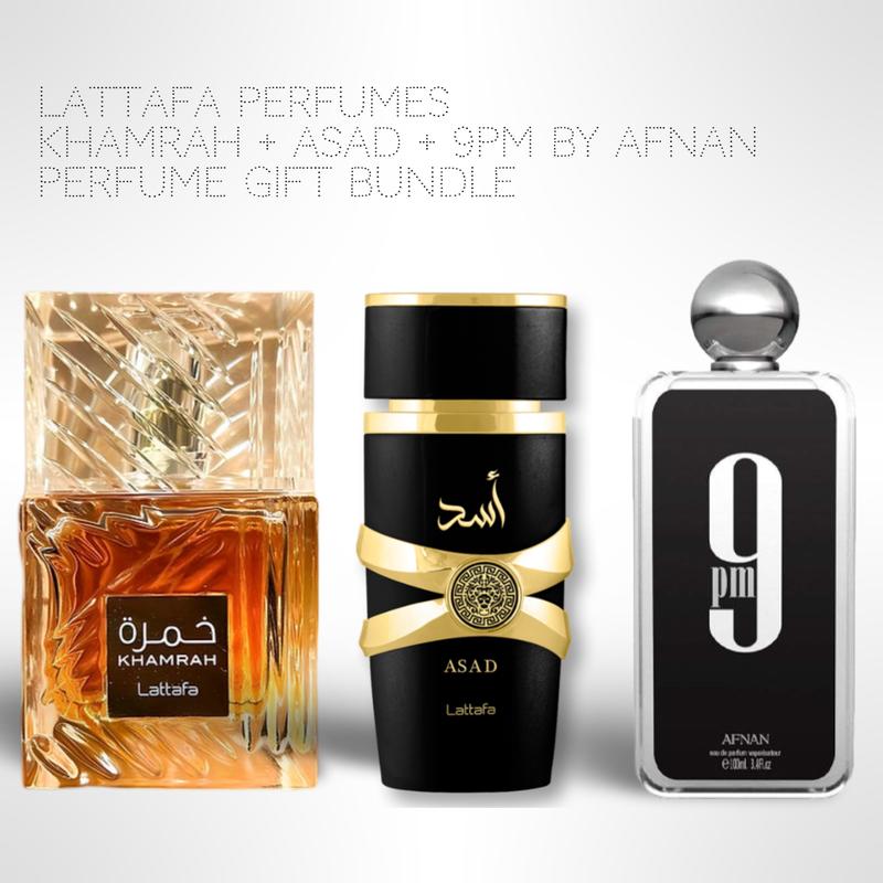 Lattafa Perfumes Khamrah + Asad + 9PM by Afnan 100ml (3.4 Fl oz) Long Lasting Perfume - Value Bundle - Fragrance Gift Bundle