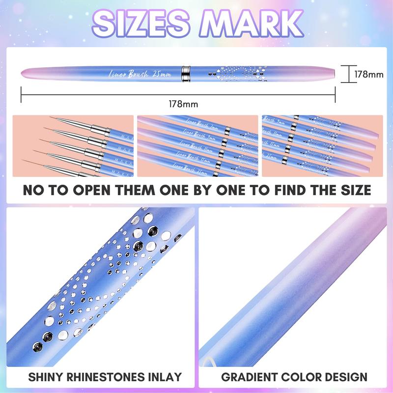 Makartt Nail Art Brushes,Liner for Nails, 5pcs, 7 9 11 15 25mm, Easy Hold, Thin Nail Art Design Brush Detail Brush for Gel Polish Nail Paintings Different Lines 3D Nail Pattern French Tips Nail Tool Durable Nail Care