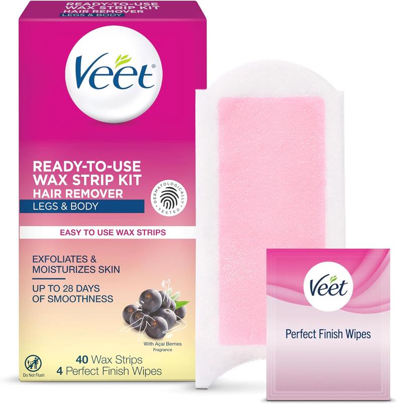 Veet Ready-To-Use Waxing Kit for Women - Body Hair Removal, Ingrown Hair Treatment - 40ct Waxing Strips & 4ct Body Wipes