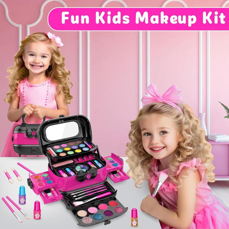 58 Pcs Kids Makeup Kit for Girls with Mirror - Real Washable Cosmetic Set - Play Make Up Birthday Gifts for 3-12 Years Old (Rose)