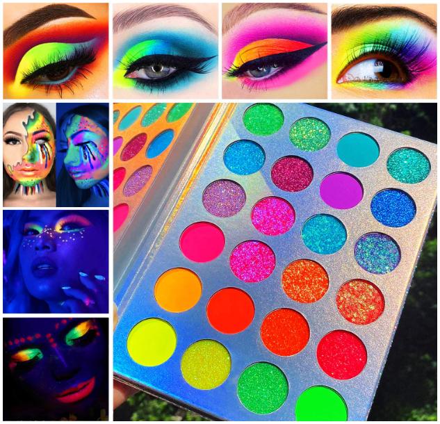 Afflano Neon Makeup Palette Eyeshadow, Glow in the Dark Neon Eyeshadow Palette Highly Pigmented, Neon Party UV Blacklight Eye Shadow Pallet, Red Orange Pink Pressed Glitter Eyes Makeup Palette