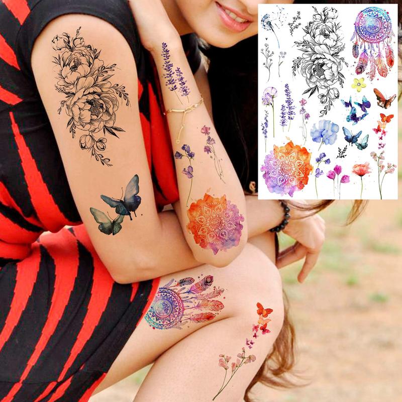 Boho Style Flower & Animal Pattern Long Lasting Temporary Tattoo, 6pcs set Waterproof Body Art Fake Tattoo Sticker, Realistic Beauty & Personal Care Tattoo for Women & Men