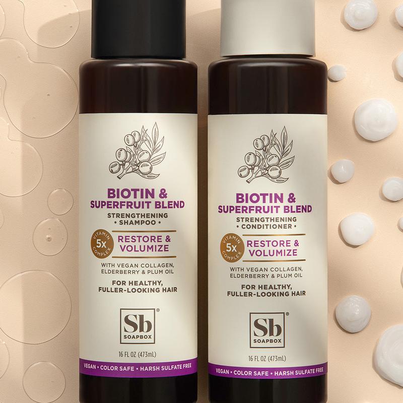 Soapbox Biotin & Superfruit Shampoo & Conditioner Set - Volumizing & Strengthening - Vegan Collagen, Shea Butter, Aloe - Sulfate Free, Paraben Free, Silicone Free, Color Safe, Vegan - 16 oz Each (Pack of 2)