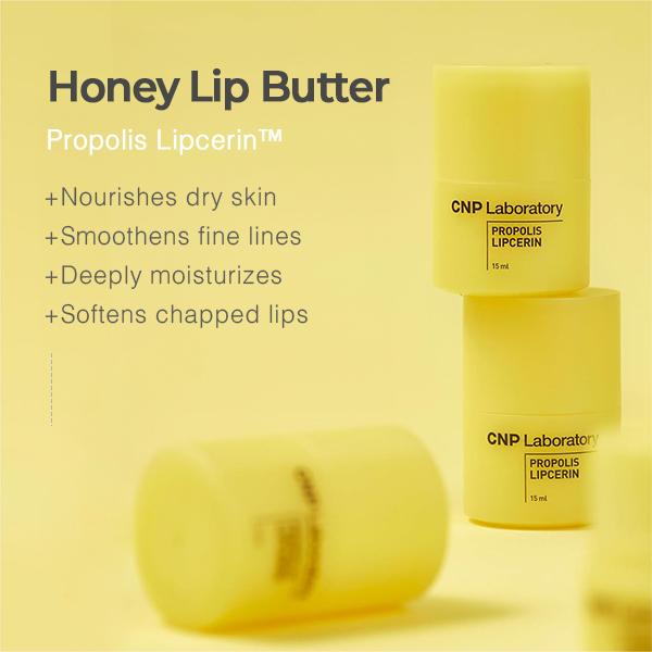 [CNP] Honey Lip Butter (0.5 fl.oz   15ml) - Propolis Lipcerin, Hydrating Overnight Manuka Lip Balm & Mask, 12hrs Long-lasting Moisture, Gentle Exfoliation, Hygienic Twist Dispenser, Korean Skin Care