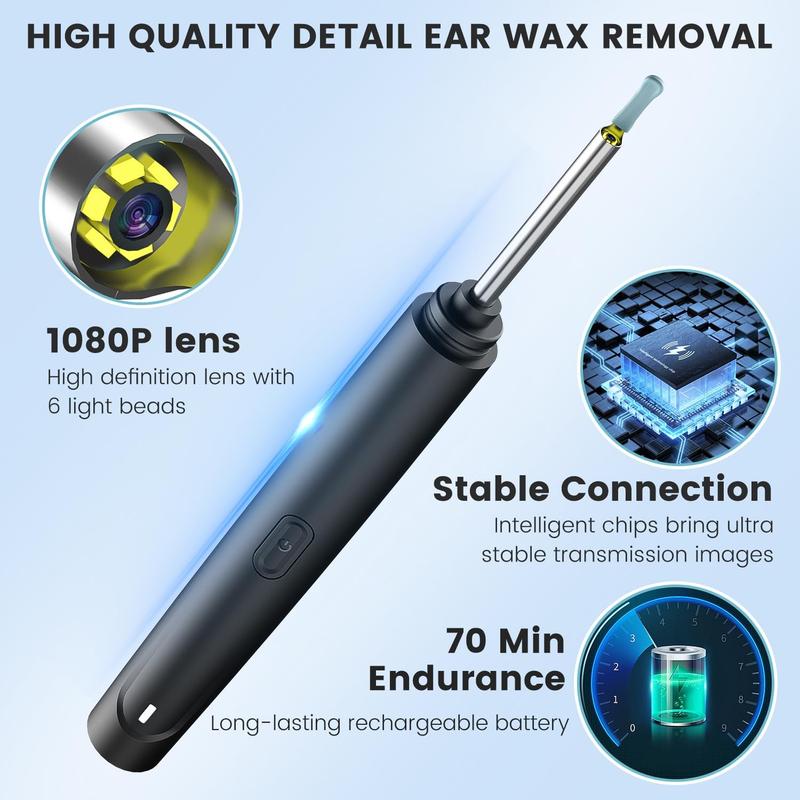 Ear Wax Removal,Ear Wax Removal Tool with 1296P HD Camera and 6 LED Lights, Ear Cleaner with 6 Ear Pick, Upgrade Ear Wax Removal Tool for iOS and Android, Black