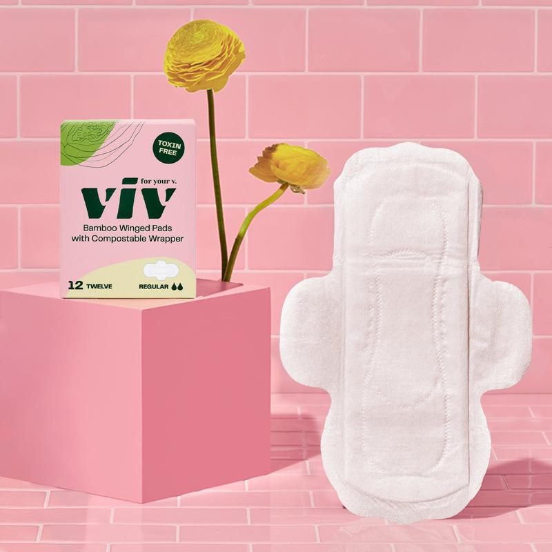 Viv Winged Bamboo Pads - 12ct 100% Toxin-Free, Ultra Soft, Absorbent Comfort Menstrual Pads with Wings, Day or Night Period Protection