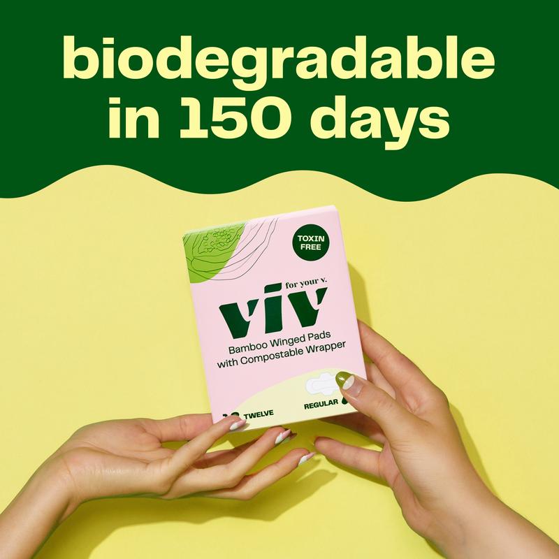 Viv Winged Bamboo Pads - 12ct 100% Toxin-Free, Ultra Soft, Absorbent Comfort Menstrual Pads with Wings, Day or Night Period Protection