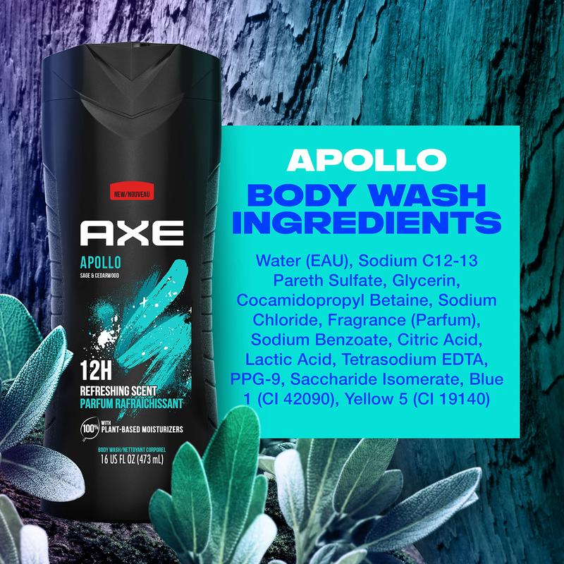 Body Wash Apollo 4 Count for Long Lasting Freshness Sage & Cedarwood Men's Body Wash with Odor-Busting Prebiotics 16 oz