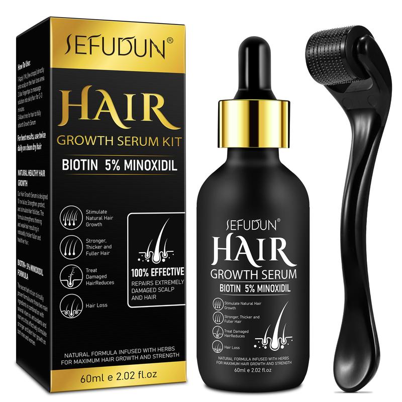 Sefudun 5% Minoxidil Hair Serum (60ml) with Hair Roller Set, Thickens & Strengthens Hair, Suitable for Thanksgiving Christmas Gift