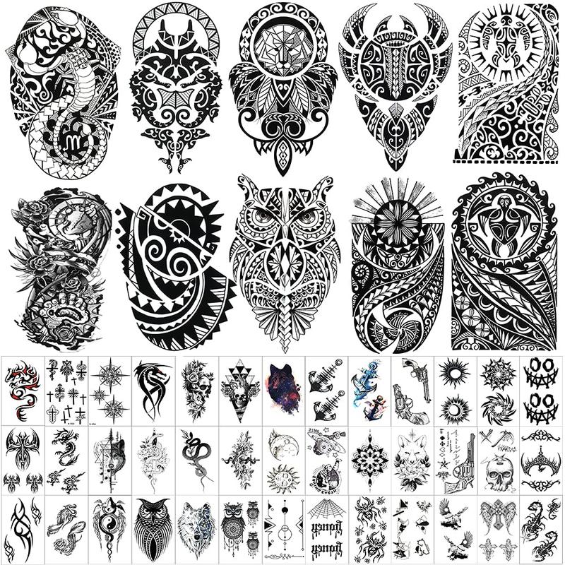 Temporary Tattoos Waterproof Viking Tribal Totems - Long Lasting Fake Tattoos for Men and Women, 10 Sheets Aesthetic Realistic