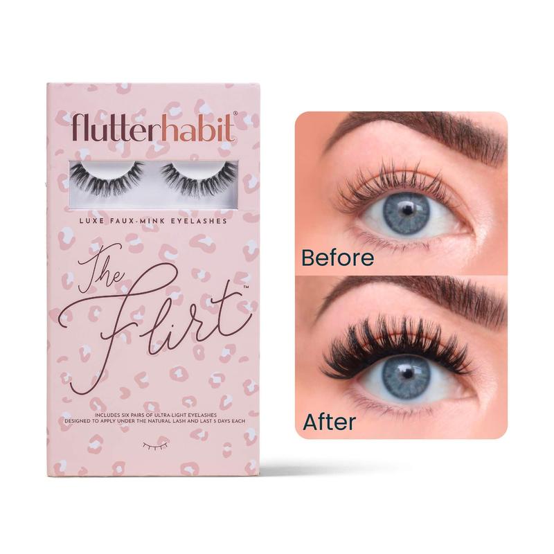 FlutterHabit The Flirt pack of 6 DIY false Eyelash Extensions. Under lash application method. Long-wearing - lightweight - natural looking lashes - semi dramatic, cat eye and curled style - adhesive sold separately.