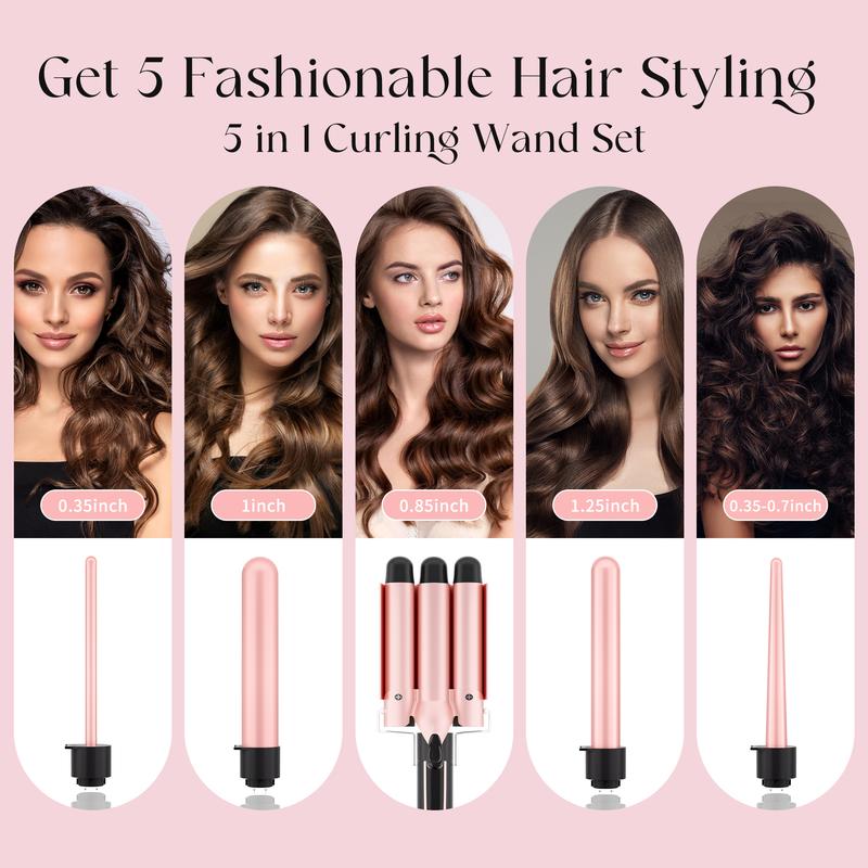 Heikki Vision 5-in-1 Curling Iron Set with Curling Brush and 4 Interchangeable Ceramic Curling Irons, Instant Heat, Includes Thermal Glove and 2 Clips (US Standard)