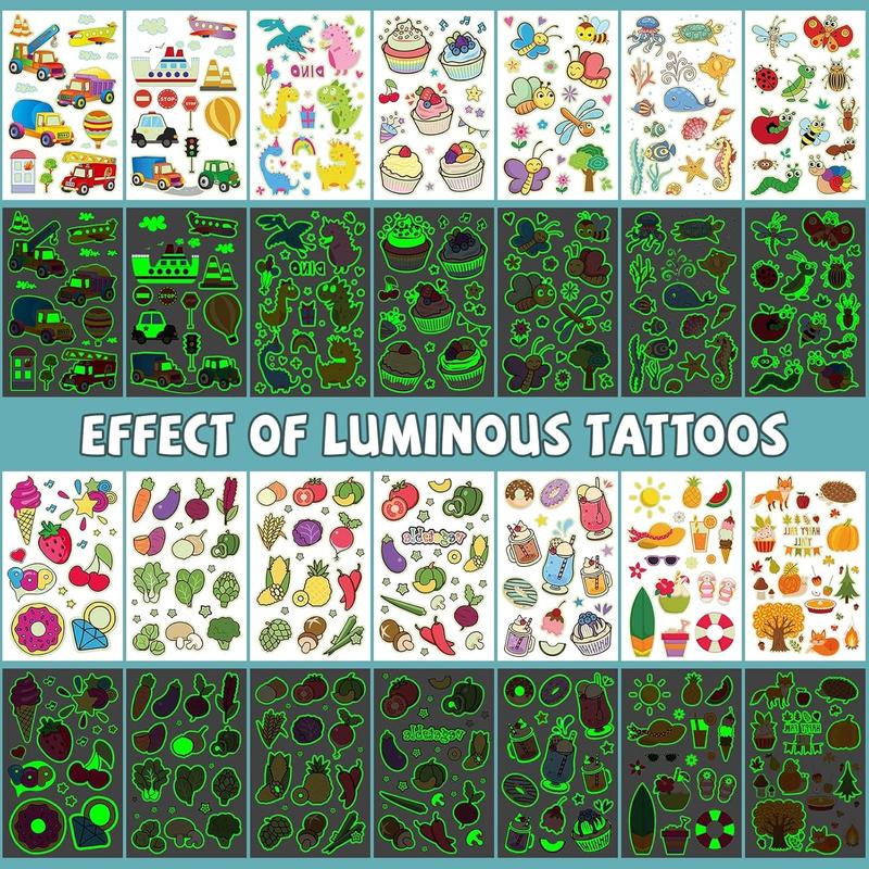 600+ Mix Styles Glow  Tattoos for Party Supplies,Luminous Temporary Tattoos Stickers for  , Tattoos  Birthday Party Favors (56 Sheets) Long Lasting Olive