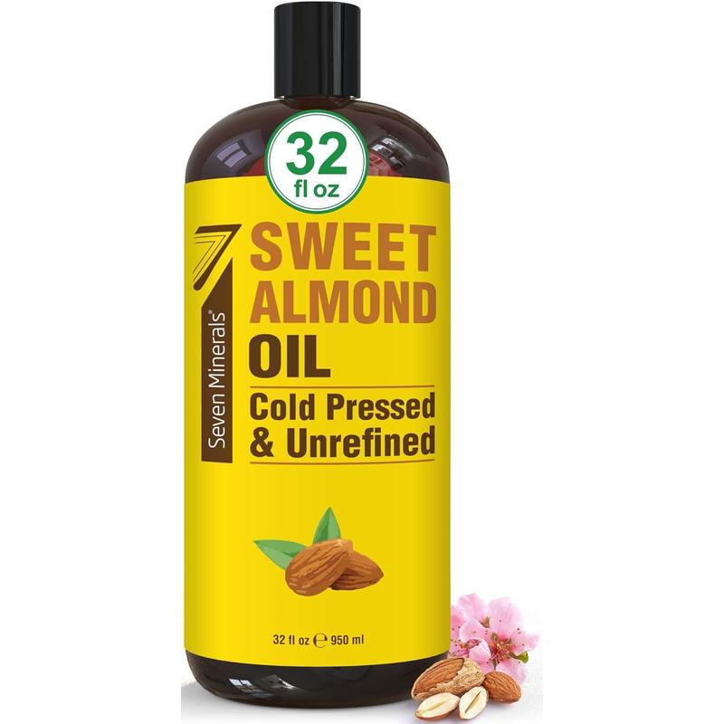 Seven Minerals, Pure Cold Pressed Sweet Almond 32oz Oil - Unrefined &100% Natural - For Moisturizer Skin & Nourishing Hair - Carrier Oil for Hydrating