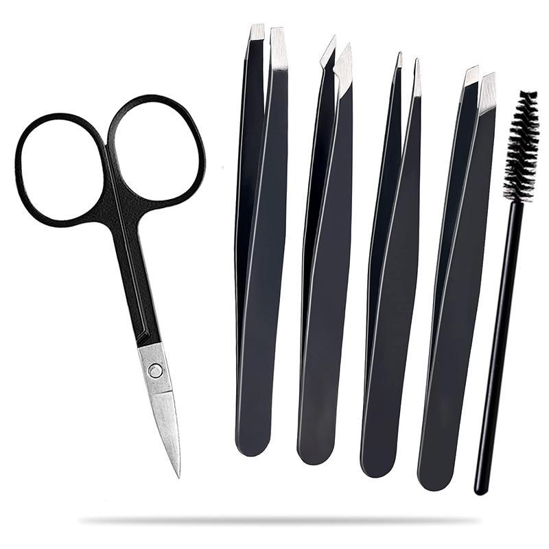 Eyebrow Tweezers Set, 6 Counts set Stainless Steel Eyebrow Tweezers with Curved Scissors, Professional Makeup Tools for Women & Men