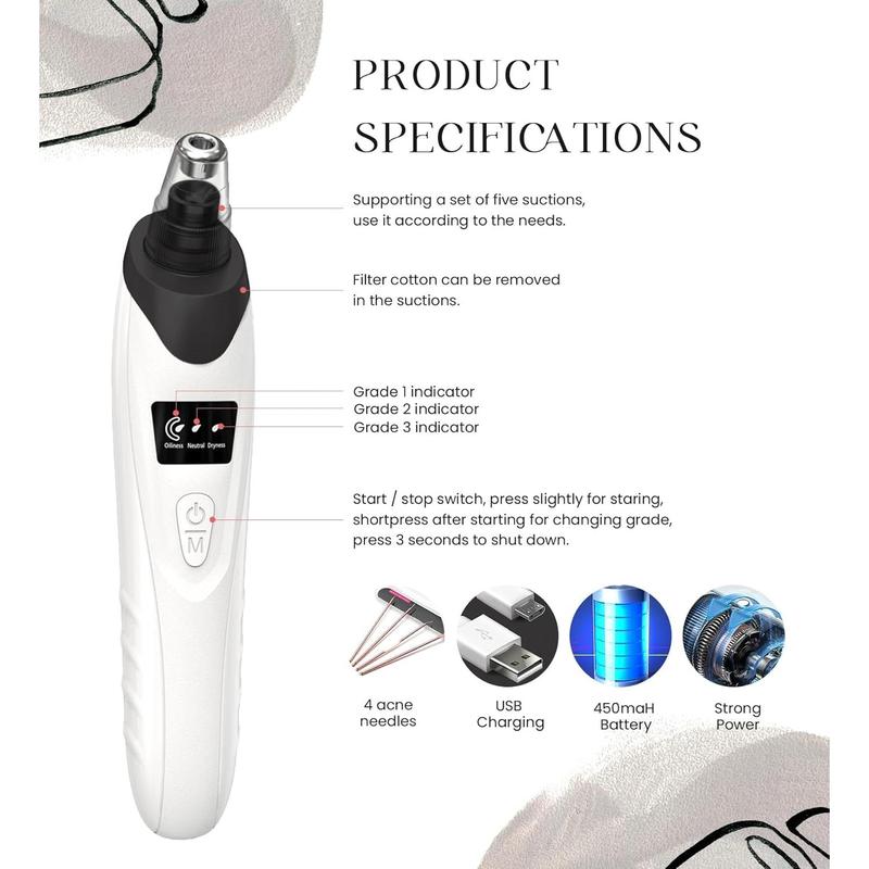 Newest Blackhead Remover: The Ultimate Pore Vacuum! This Facial Pore Cleaner has 5 Suction Powers and 5 Probes. USB Rechargeable Blackhead Vacuum Kit, an Electric Acne Extractor Tool for Adults in Black. Achieve Clear Skin with this Powerful Pore Cleaner