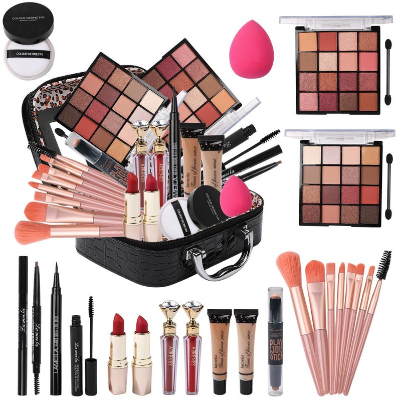 Makeup Kit for Teen Girls,All in One Makeup Kit for 2X16 Colors Eyeshadow Liquid Foundation Eyeliner Pencils Contouring Stick Lip Gloss Eyebrow Pencils 8 count Makeup Brushes etc (black)