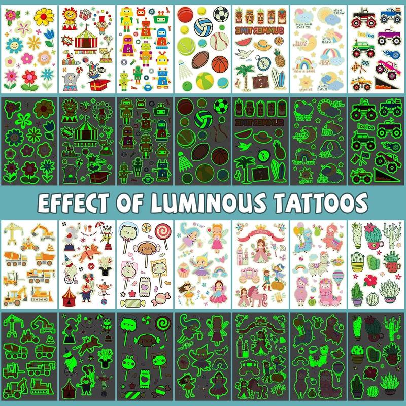 600+ Mix Styles Glow  Tattoos for Party Supplies,Luminous Temporary Tattoos Stickers for  , Tattoos  Birthday Party Favors (56 Sheets) Long Lasting Olive