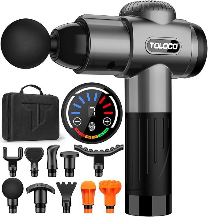 TOLOCO Massage Gun Deep Tissue,Back Percussion Massage,10 Massages Heads&Silent Brushless Motor,Christmas&Thanksgiving Gifts,Adjustable Cordless