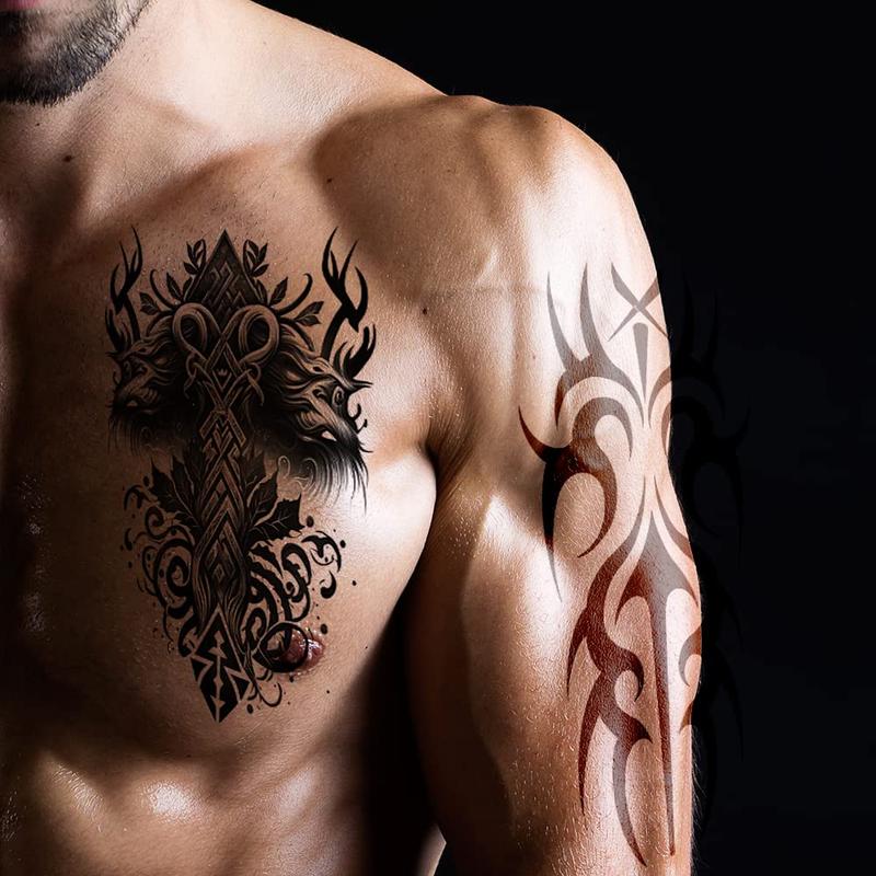 Temporary Tattoos Waterproof Viking Tribal Totems - Long Lasting Fake Tattoos for Men and Women, 10 Sheets Aesthetic Realistic