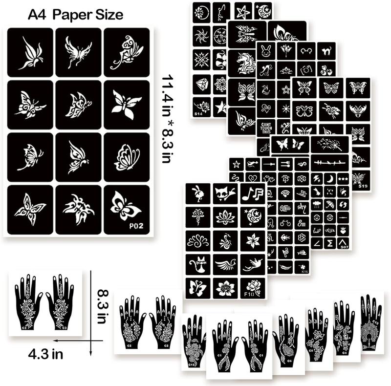 Henna Tattoo Stencil Kit 190pcs, 24 Sheets Henna Stencils Reusable Temporary Indian Arabian Glitter Airbrush Tattoo Stencils for Face Body Paint DIY