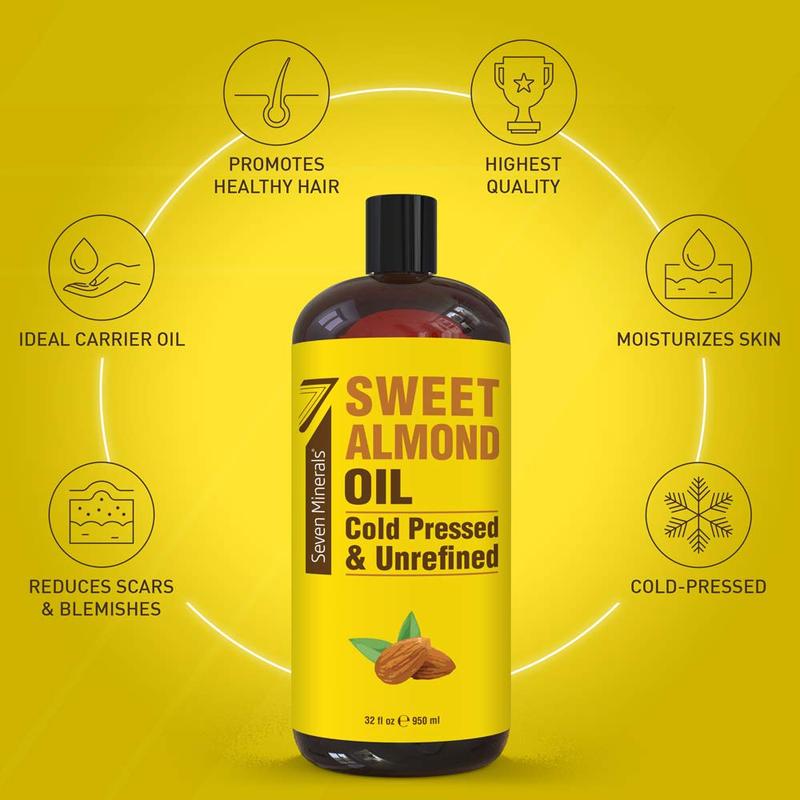 Seven Minerals, Pure Cold Pressed Sweet Almond 32oz Oil - Unrefined &100% Natural - For Moisturizer Skin & Nourishing Hair - Carrier Oil for Hydrating