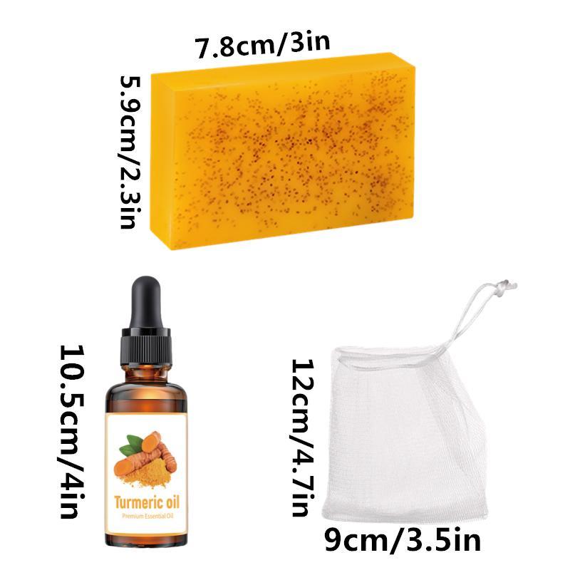 Moisturizing Skincare Deep Cleansing Set, 3 Counts Turmeric Kojic Acid Brightening Soap & 1 Count Turmeric Essential Oil & 1 Count Bag, Skincare Products