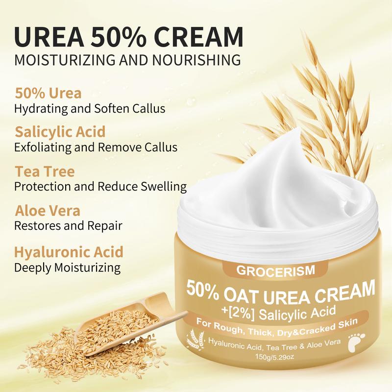 [Merry Christmas]Grocerism 50% Urea Cream with Oat Extract for Sensitive Skin | Foot & Hand Cream with 2% Salicylic Acid, Hyaluronic Acid, Tea Tree & Aloe Vera，for Deep Hydration, Callus Removal, Beneficial for Cracked Heels and Hands 5.29 oz