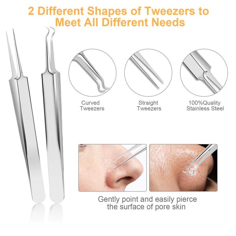 Pimple Popper Tool Kit, 9 PCS Blackhead Remover Tools with Tweezers, 16-Heads Professional Acne Zit Pimple Popper Extraction Tools, Whitehead Comedone Extractor Kit for Facial Nose