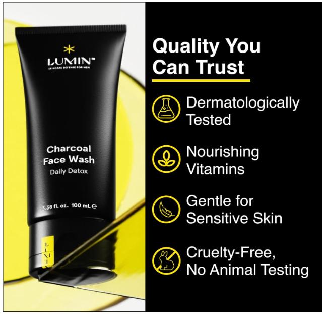 Lumin Charcoal Face Wash for Men Skincare - Daily Detox, Hydrating Face Cleanser, Removes Impurities, Exfoliates, Unclogs Pores, Controls Oil, Soothes Irritation, All Skin Types, 1 Pack