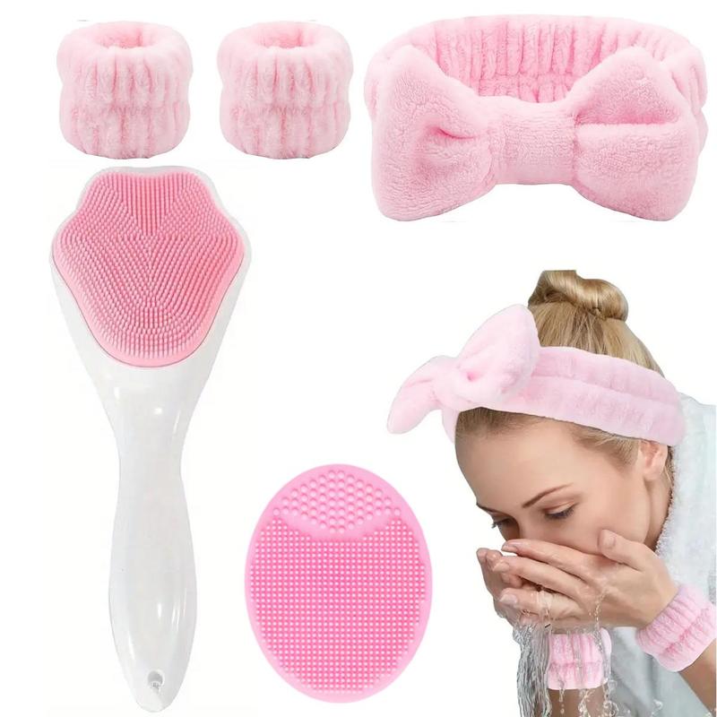 Facial Cleansing Tool Set, 1 Soft Silicone Face Scrubber & 1 Face Wash Brush & 1 Hair Band & 2 Wristbands, Skincare Tools for Women