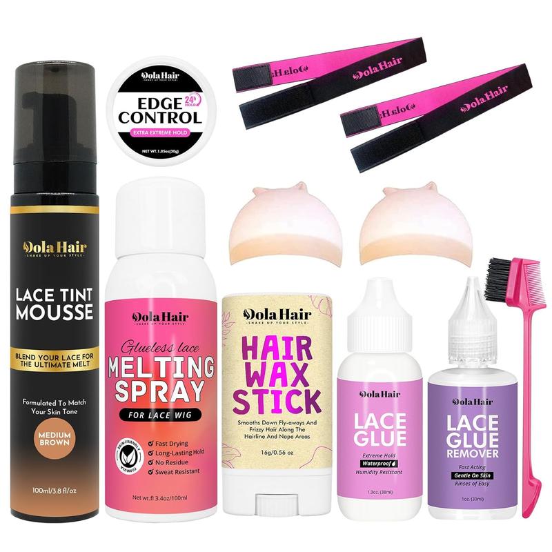 Dolahair Lace Glue Kit Lace Tint Mousse Wig Glue Kit complete set lace front kit wig installation kit wig melting kit Melting Spray for Lace Wig Melt Wig Essentials (Medium Brown) Foam Haircare