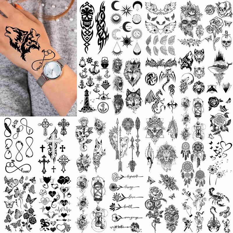 52pcs Creative Black Small Crown Infinity Triangle Fake Tattoos Men and Women Realistic Star Letter Tattoo Temporary Waterproof Arm Hand Face Finger Neck Tattoo Stickers Flower  Halloween