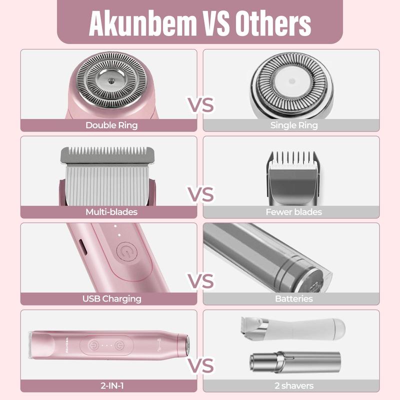 Akunbem Bikini Trimmer for Women,  Electric Shaver and Razor Rechargeable 2-in-1 Body and Facial Hair Removal Double Head for Painless Trimming of Pubic Face Underarm Legs, IPX7 Waterproof, pink