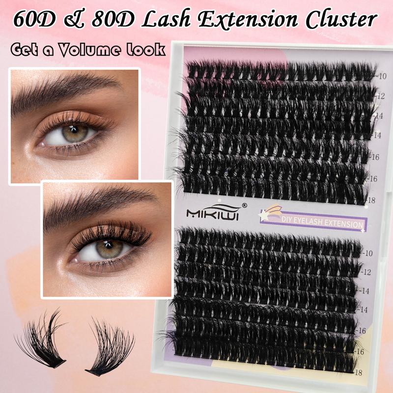 Fluffy Lashes Clusters Extension Kit 60D+80D Volume Clusters 273pcs 10-18mm Cluster Lashes with Bond&Seal,Glue Remover and Lash Tweezers DIY Eyelash Extension Kit at Home