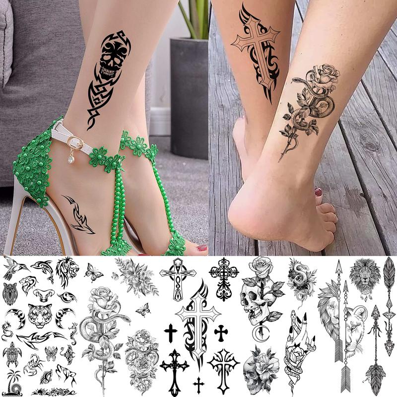 52pcs Creative Black Small Crown Infinity Triangle Fake Tattoos Men and Women Realistic Star Letter Tattoo Temporary Waterproof Arm Hand Face Finger Neck Tattoo Stickers Flower  Halloween